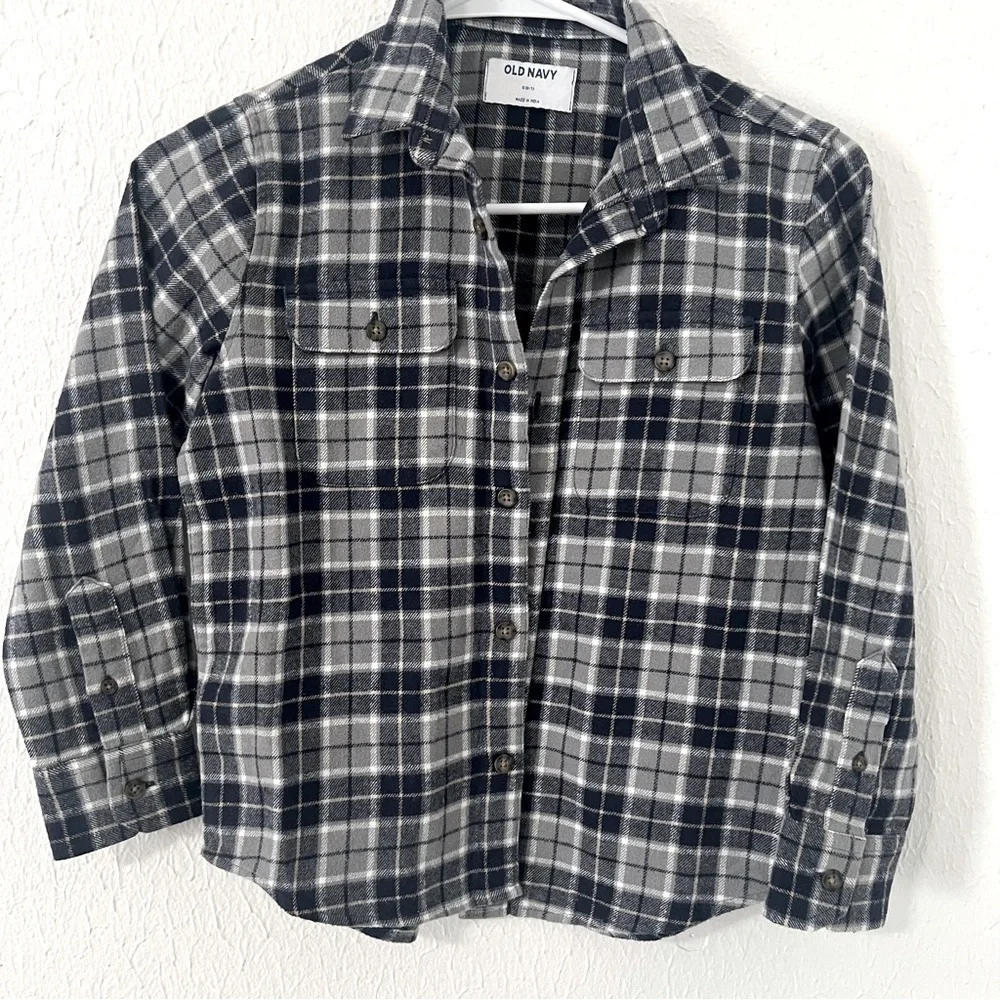 Old Navy NWT Boys Size Small (6-7) Plaid Flannel Utility Pocket Shirt Blue/Gray
